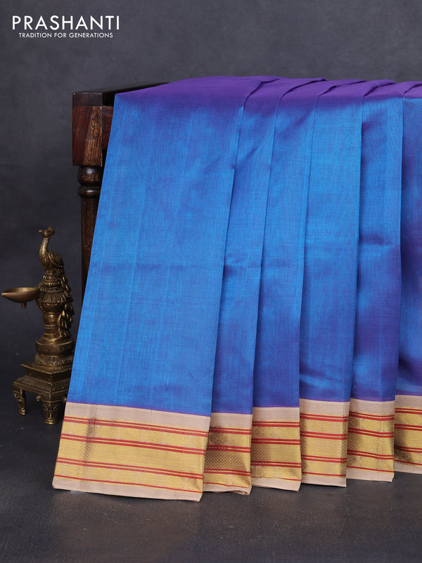 Silk cotton saree dual shade of blue and beige with plain body and zari woven korvai border