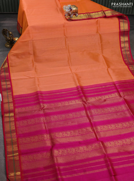 Silk cotton saree orange and pink with plain body and zari woven korvai border