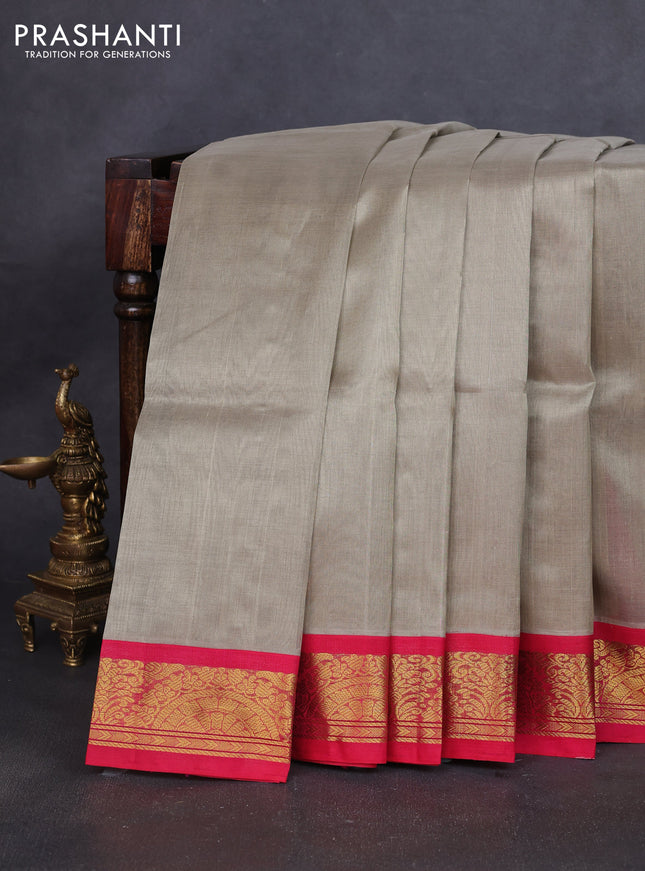 Silk cotton saree beige and pink with plain body and zari woven korvai border
