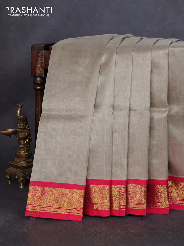 Silk cotton saree beige and pink with plain body and zari woven korvai border