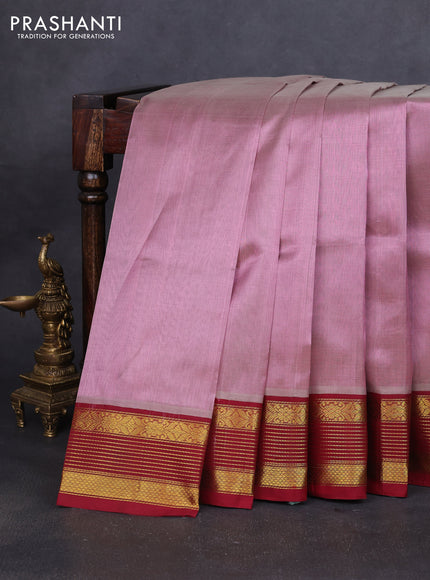 Silk cotton saree pastel pink and maroon with plain body and zari woven korvai border