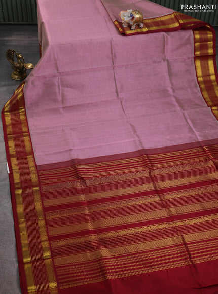 Silk cotton saree pastel pink and maroon with plain body and zari woven korvai border