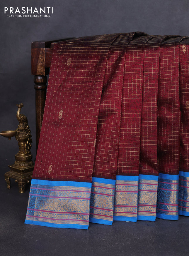 Silk cotton saree maroon and blue with allover zari checks & buttas and zari woven korvai border