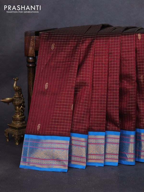 Silk cotton saree maroon and blue with allover zari checks & buttas and zari woven korvai border