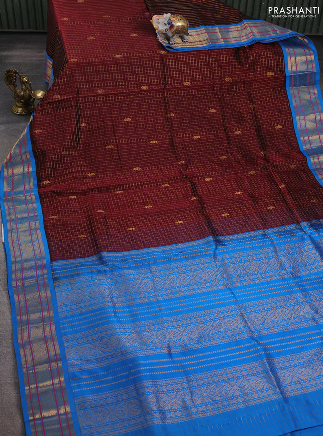 Silk cotton saree maroon and blue with allover zari checks & buttas and zari woven korvai border