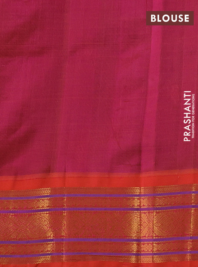 Silk cotton saree dark green and dual shade of pinkish orange with allover zari checks & buttas and zari woven korvai border
