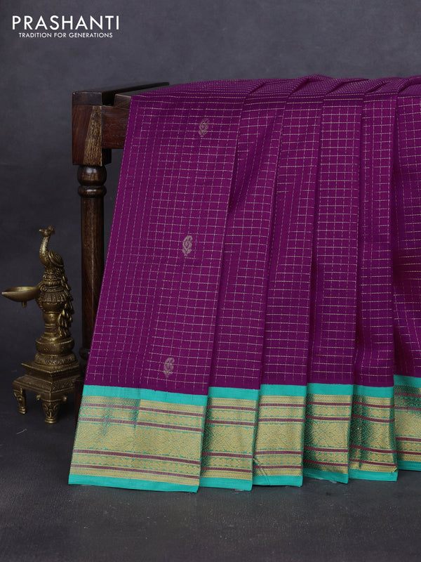 Silk cotton saree purple and teal green with allover zari checks & buttas and zari woven korvai border