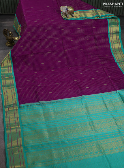Silk cotton saree purple and teal green with allover zari checks & buttas and zari woven korvai border