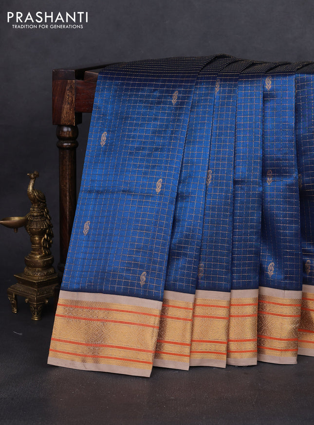 Silk cotton saree peacock blue and beige with allover zari checks & buttas and zari woven korvai border