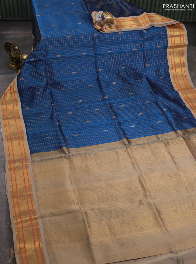 Silk cotton saree peacock blue and beige with allover zari checks & buttas and zari woven korvai border