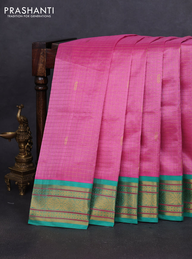 Silk cotton saree light pink and teal green with allover zari checks & buttas and zari woven korvai border