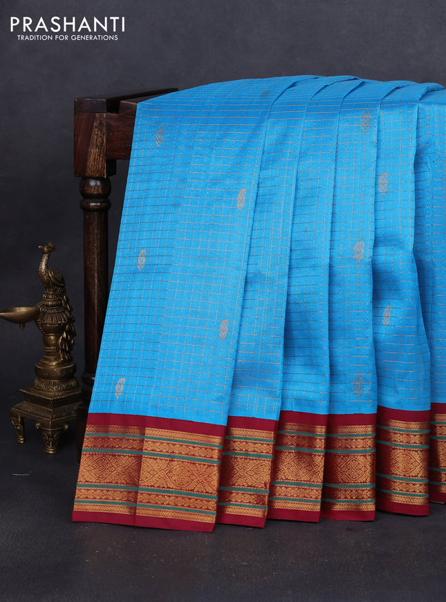 Silk cotton saree cs blue and maroon with allover zari checks & buttas and zari woven korvai border