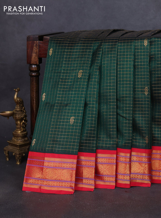 Silk cotton saree bottle green and red with allover zari checks & buttas and zari woven korvai border