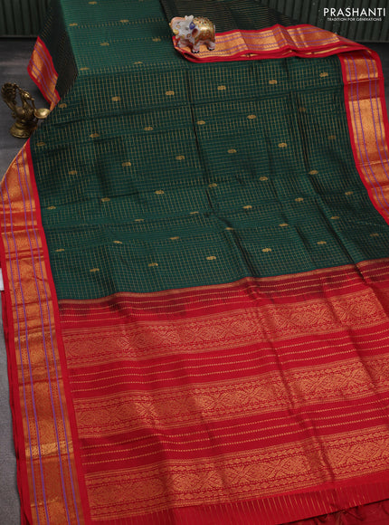 Silk cotton saree bottle green and red with allover zari checks & buttas and zari woven korvai border