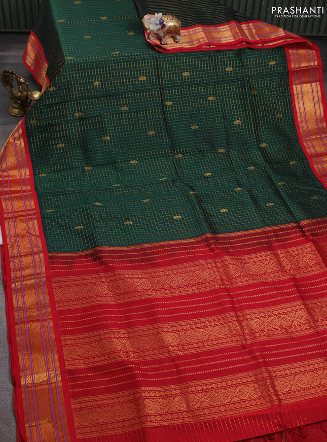 Silk cotton saree bottle green and red with allover zari checks & buttas and zari woven korvai border