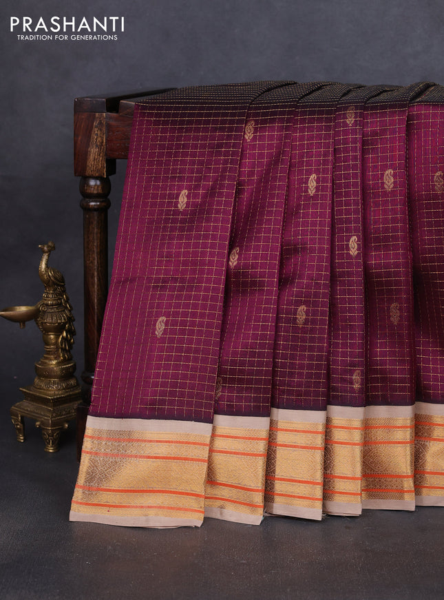 Silk cotton saree wine shade and beige with allover zari checks & buttas and zari woven korvai border