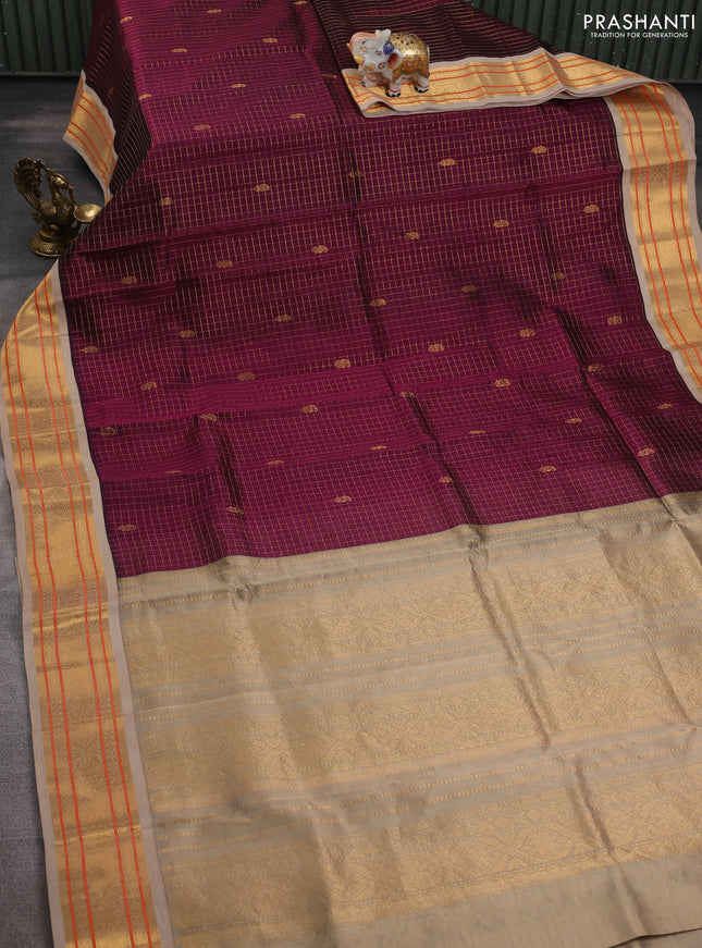 Silk cotton saree wine shade and beige with allover zari checks & buttas and zari woven korvai border