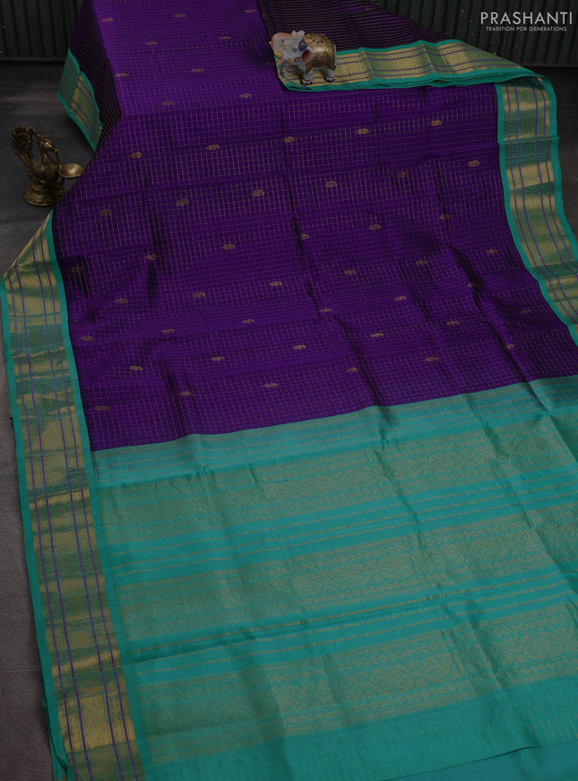 Silk cotton saree violet and teal green with allover zari checks & buttas and zari woven korvai border
