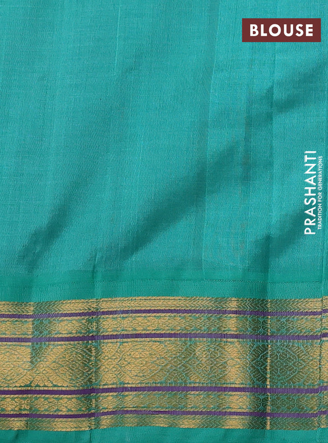Silk cotton saree violet and teal green with allover zari checks & buttas and zari woven korvai border