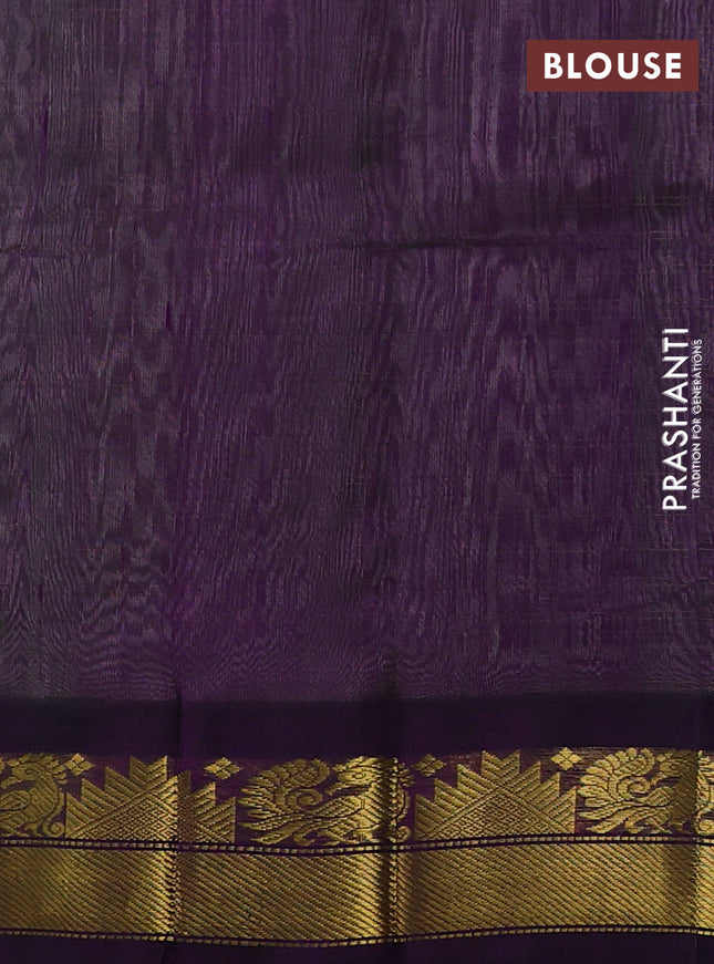Silk cotton saree pista green and deep purple with allover zari woven checked pattern and zari woven korvai border