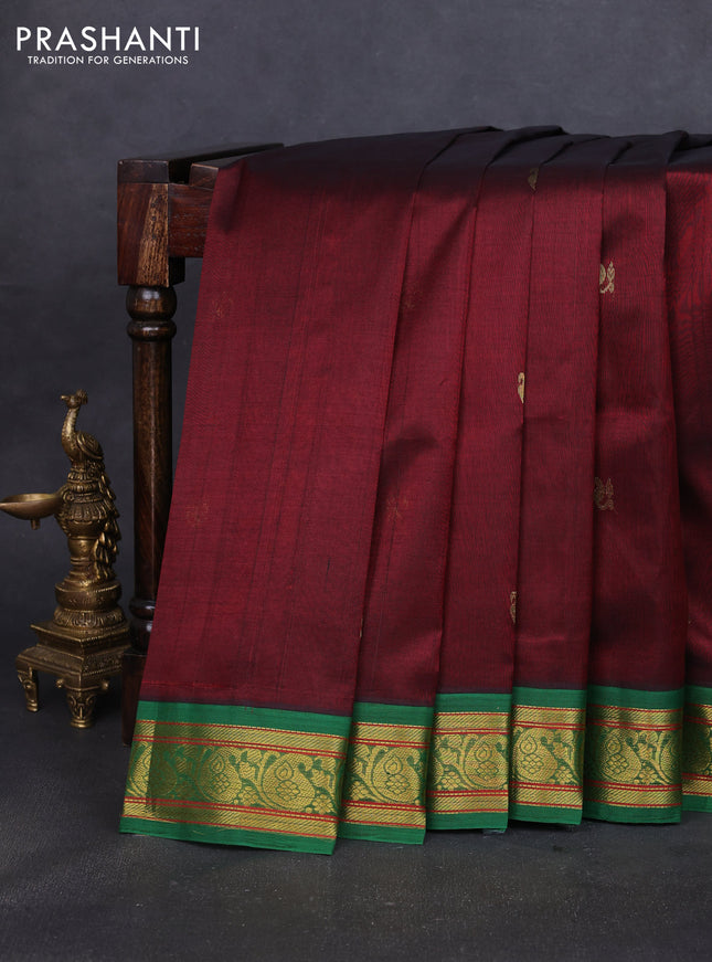 Silk cotton saree maroon and green with zari woven buttas and paisley zari woven korvai border