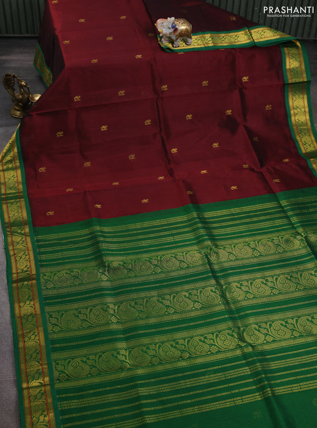 Silk cotton saree maroon and green with zari woven buttas and paisley zari woven korvai border