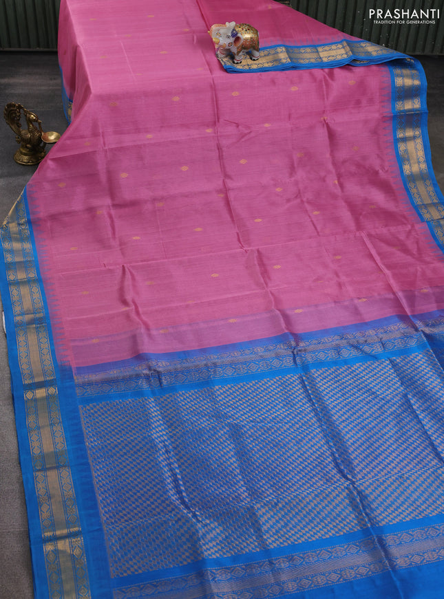 Silk cotton saree mauve pink and cs blue with zari woven buttas and temple design zari woven korvai border