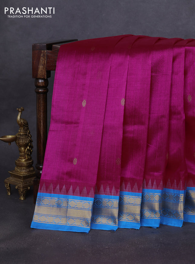 Silk cotton saree pink and cs blue with zari woven buttas and temple design zari woven korvai border