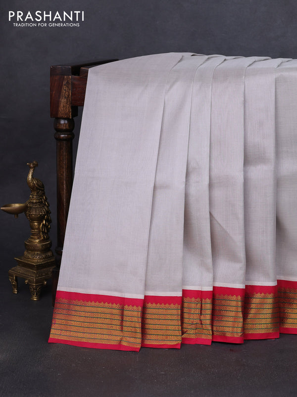 Silk cotton saree off white and pink with plain body and zari woven korvai border
