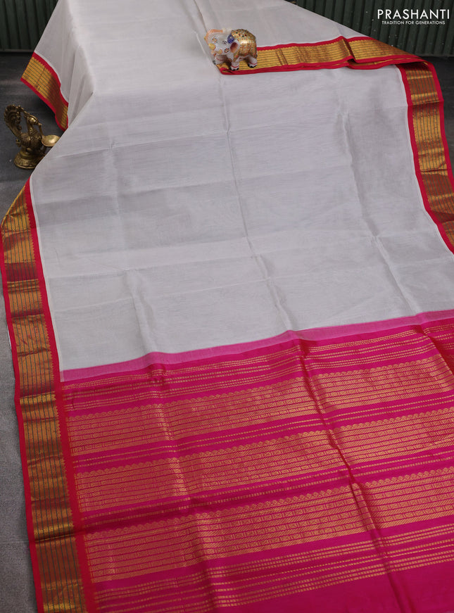 Silk cotton saree off white and pink with plain body and zari woven korvai border