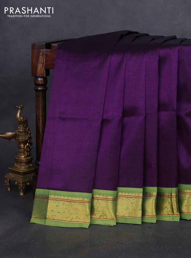 Silk cotton saree violet and dual shade of green with plain body and elephant zari woven korvai border