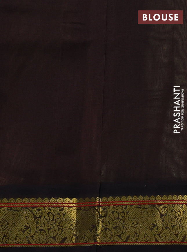 Silk cotton saree pastel green and coffee brown with plain body and elephant zari woven korvai border