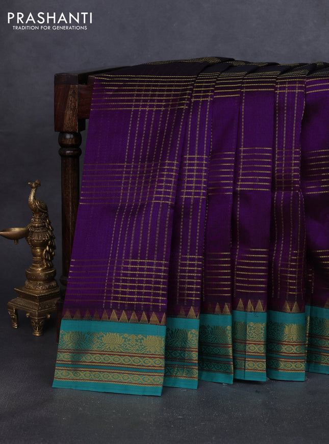 Silk cotton saree purple and teal green shade with allover zari woven checked pattern and temple design zari woven korvai border