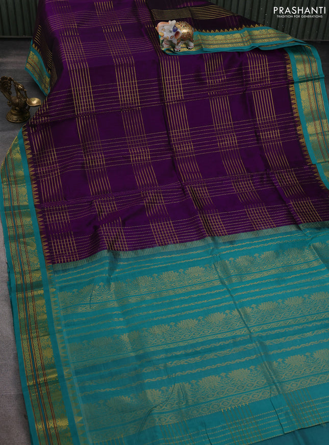 Silk cotton saree purple and teal green shade with allover zari woven checked pattern and temple design zari woven korvai border
