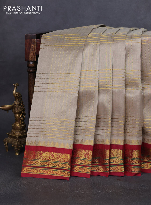 Silk cotton saree grey shade and maroon with allover zari woven checked pattern and temple design zari woven korvai border