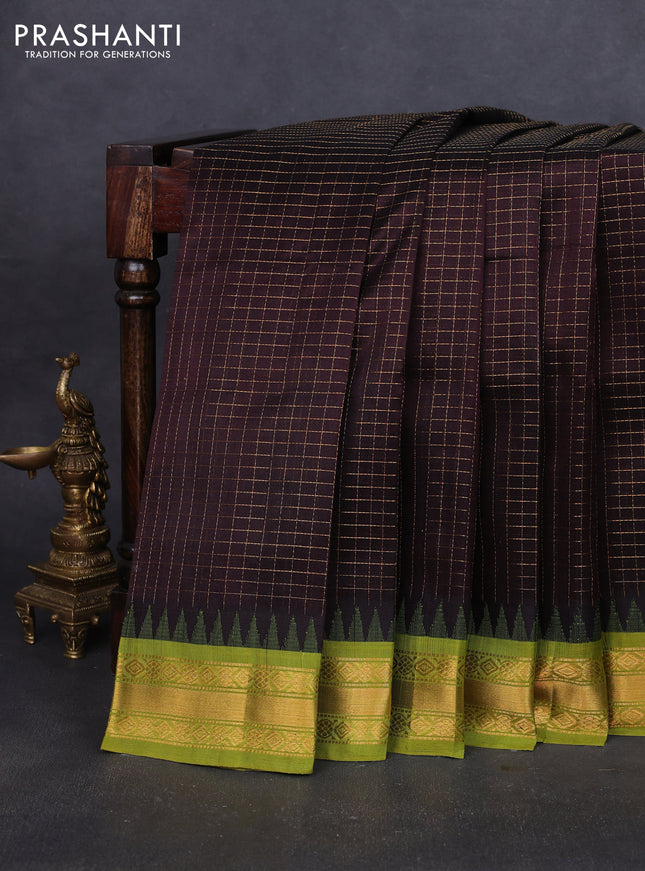 Silk cotton saree coffee brown and light green with allover zari woven checked pattern and temple design zari woven korvai border