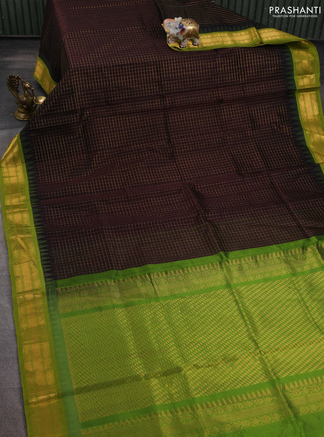 Silk cotton saree coffee brown and light green with allover zari woven checked pattern and temple design zari woven korvai border