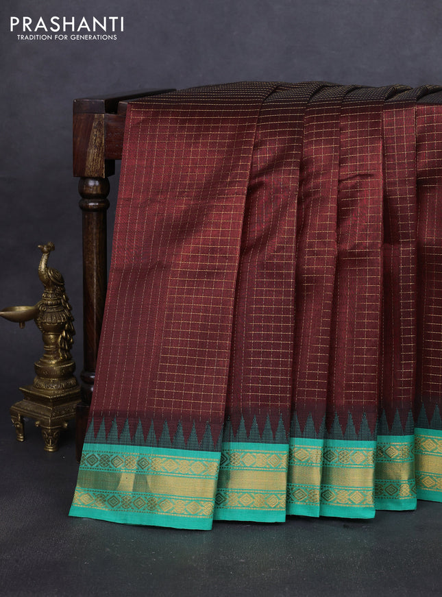 Silk cotton saree maroon and teal green shade with allover zari woven checked pattern and temple design zari woven korvai border