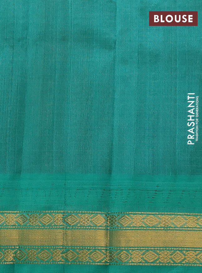 Silk cotton saree maroon and teal green shade with allover zari woven checked pattern and temple design zari woven korvai border
