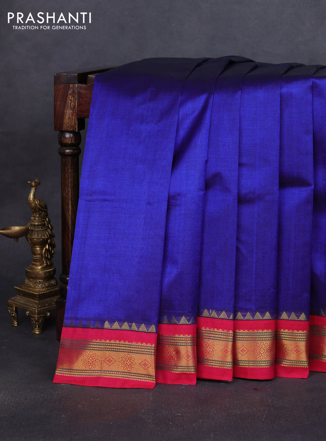Silk cotton saree blue and pink with plain body and zari woven korvai border