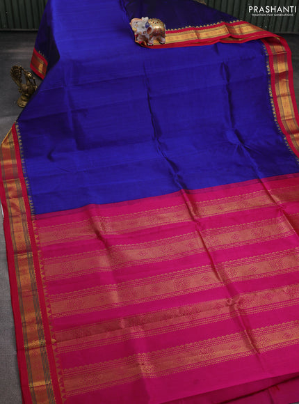 Silk cotton saree blue and pink with plain body and zari woven korvai border