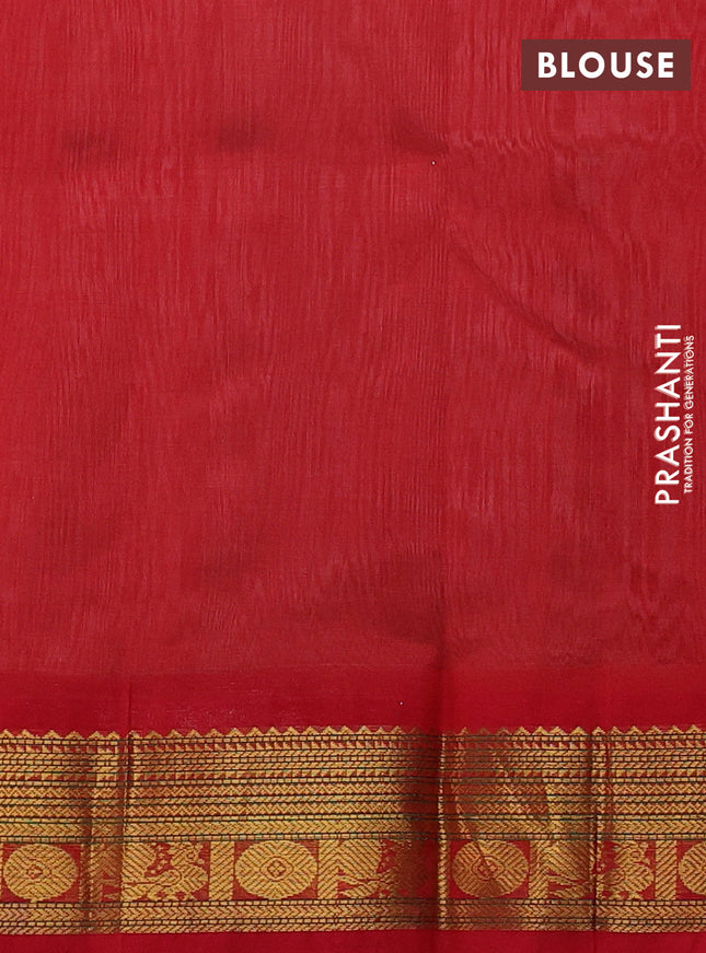 Silk cotton saree pastel grey and red with plain body and zari woven korvai border
