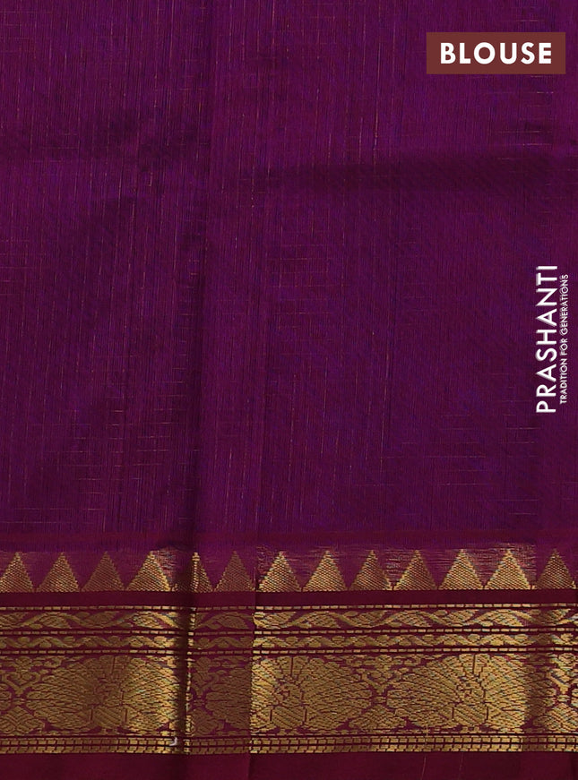 Silk cotton saree blue and wine shade with allover small zari checked pattern and annam zari woven korvai border