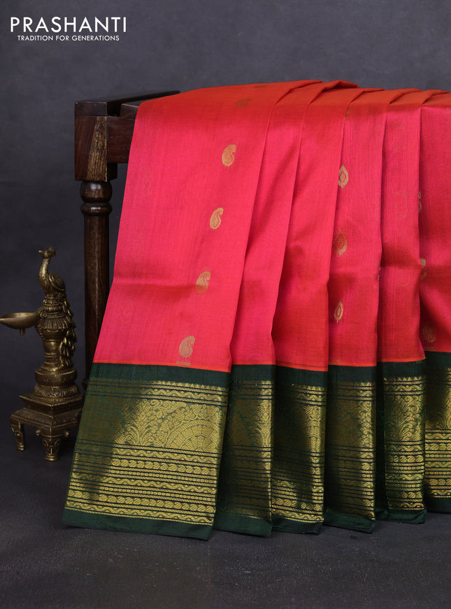 Silk cotton saree pink shade and green with paisley zari woven buttas and long zari woven korvai border