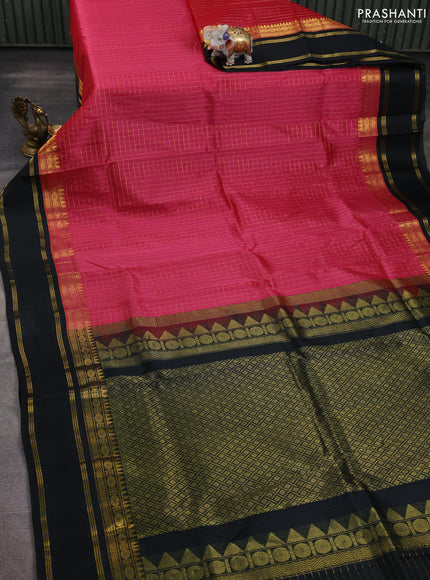Silk cotton saree reddish pink and black with allover zari woven checked pattern and long rettapet zari woven border