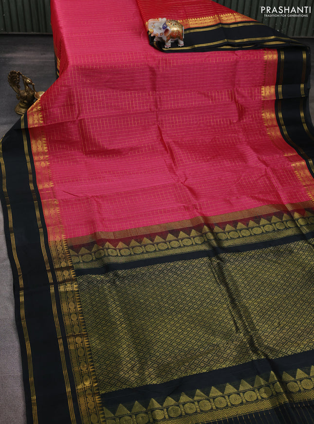 Silk cotton saree reddish pink and black with allover zari woven checked pattern and long rettapet zari woven border