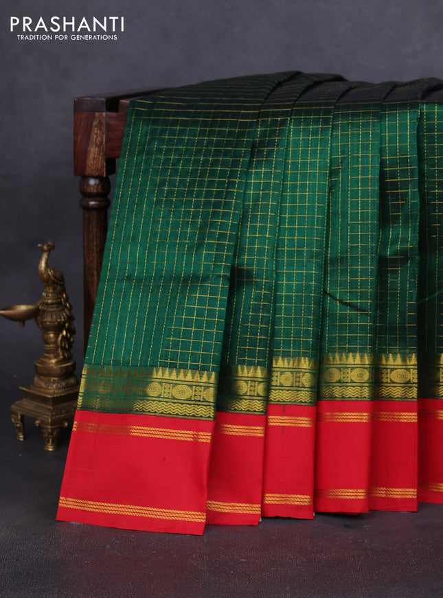 Silk cotton saree bottle green and red with allover zari woven checked pattern and long rettapet zari woven border
