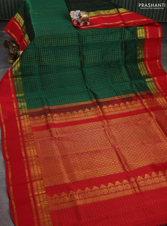 Silk cotton saree bottle green and red with allover zari woven checked pattern and long rettapet zari woven border