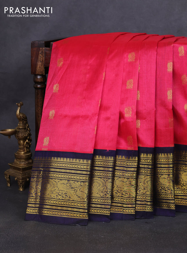 Silk cotton saree pink and dark blue with zari woven buttas and long zari woven korvai border