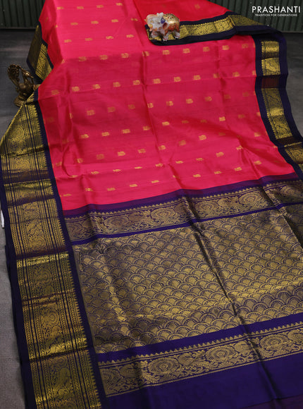 Silk cotton saree pink and dark blue with zari woven buttas and long zari woven korvai border